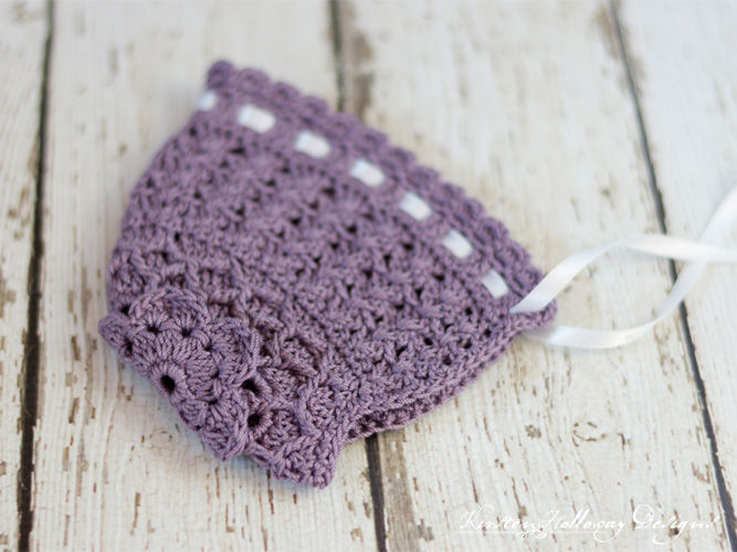 Lavender Blue Baby Bonnet vintage-style lace crochet pattern for babies 0-3 months.
