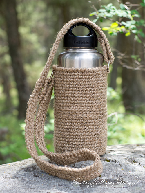 Canteen Carrier water bottle holder crocheted from jute twine. Easy crochet pattern.
