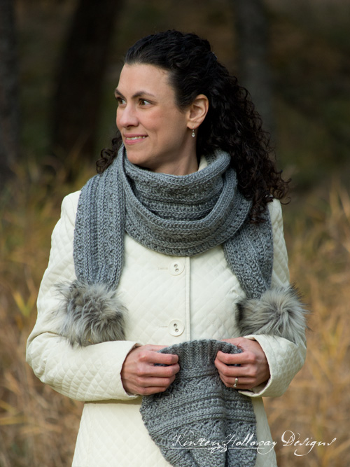 The free November Twilight winter scarf is a unique, textured crochet pattern that also includes a tutorial for making furry pom-poms.