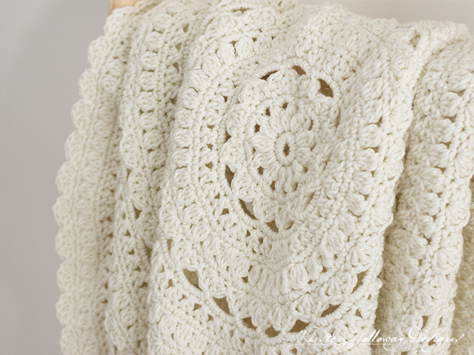 Another close-up shot showing the different crochet stitches that make the texture of this round crochet blanket pattern.