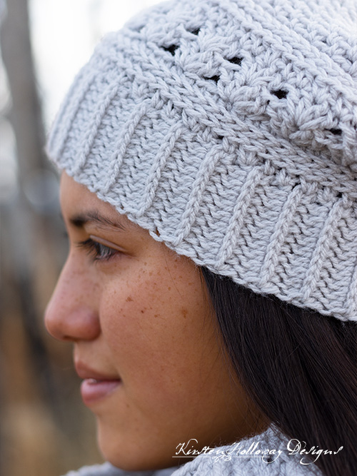Close-up of the crochet stitch texture on the Misty Hollow slouch hat.