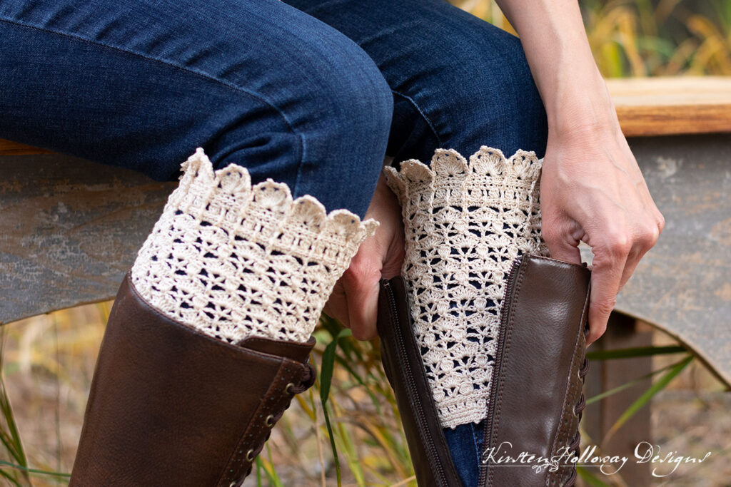 Lacy crochet boot cuffs showing picot detail at bottom edge