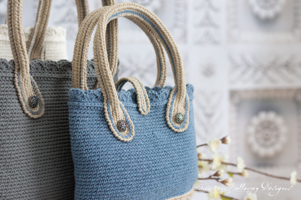 Close-ups showing details on the blue, and grey crochet bags.